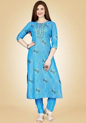 Blue Floral Embroidered Poly Blend Salwar Kameez With Dupatta