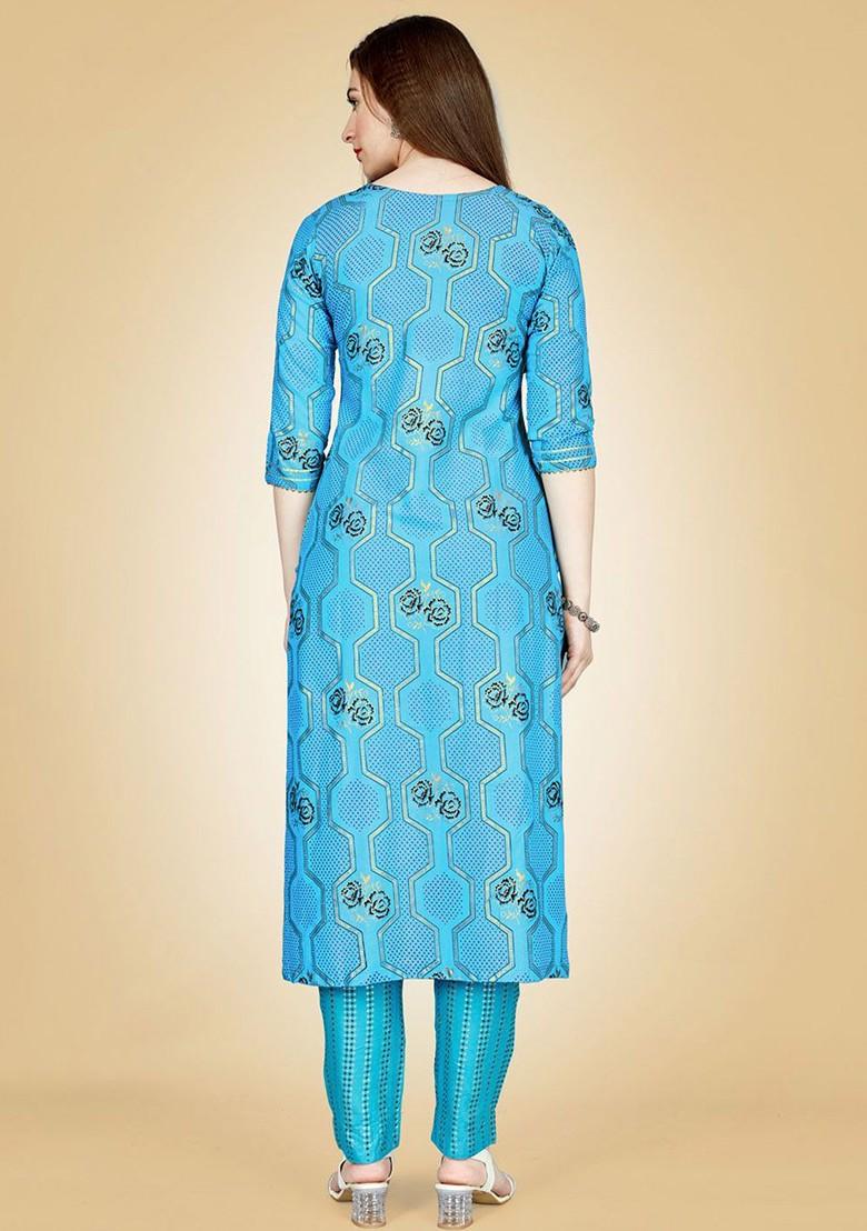 Blue Floral Embroidered Poly Blend Salwar Kameez With Dupatta