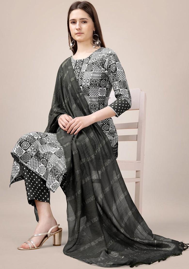 Black Printed Poly Blend Salwar Kameez With Dupatta
