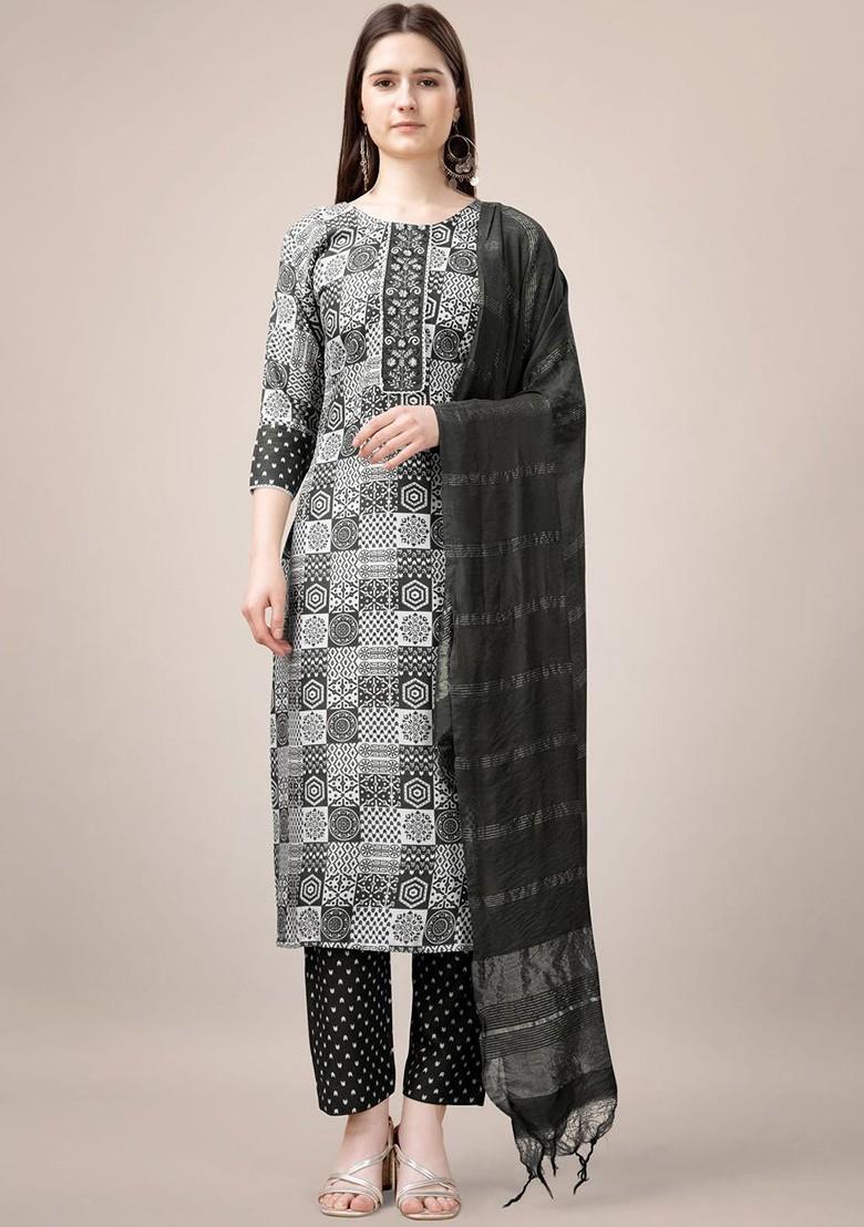 Black Printed Poly Blend Salwar Kameez With Dupatta