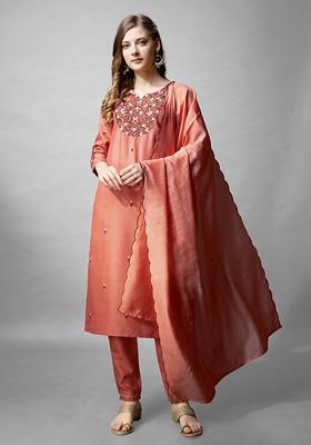 Coral Brown Floral Embroidered Poly Blend Salwar Kameez With Dupatta