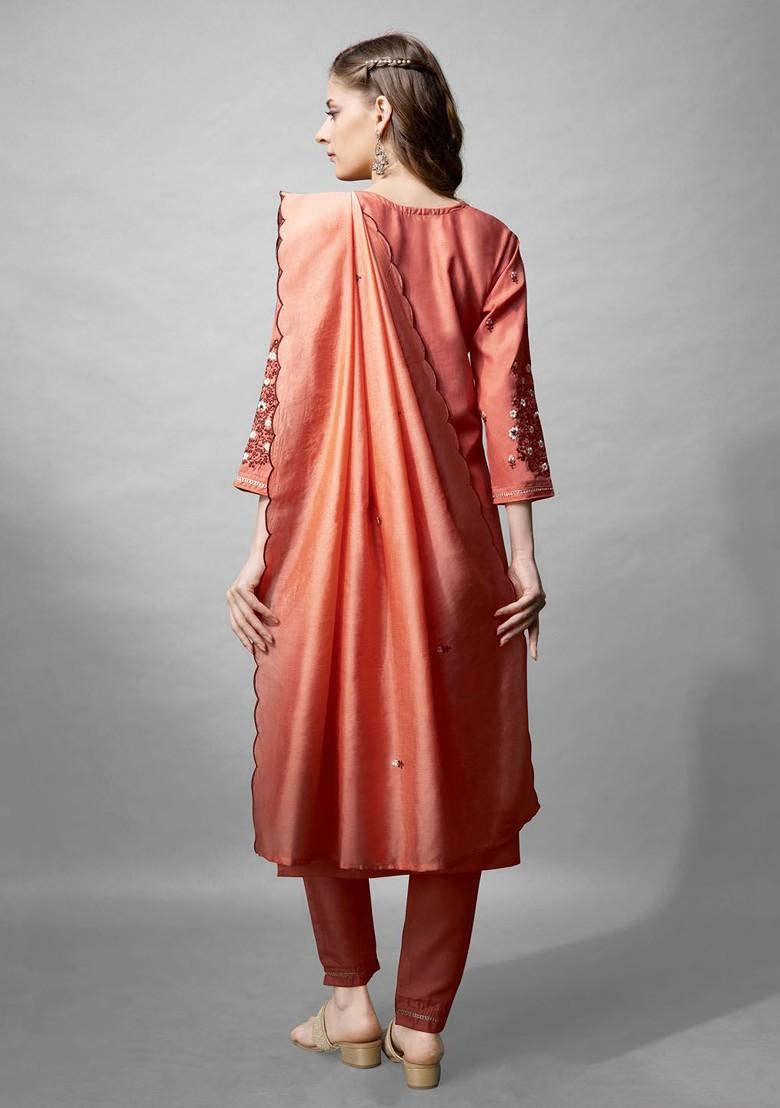 Coral Brown Floral Embroidered Poly Blend Salwar Kameez With Dupatta