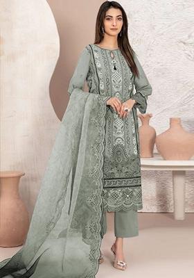 Sea Green Embroidered Georgette Pakastani Salwar Kameez With Dupatta
