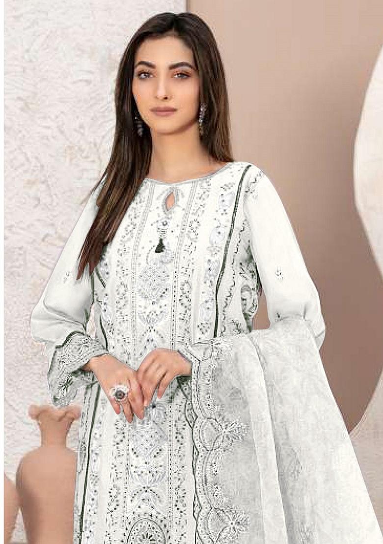 White Embroidered Georgette Pakastani Salwar Kameez With Dupatta