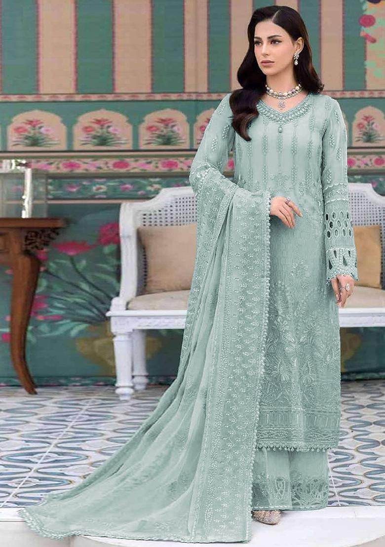 Sky Blue Embroidered Georgette Pakastani Palazzo Set With Dupatta