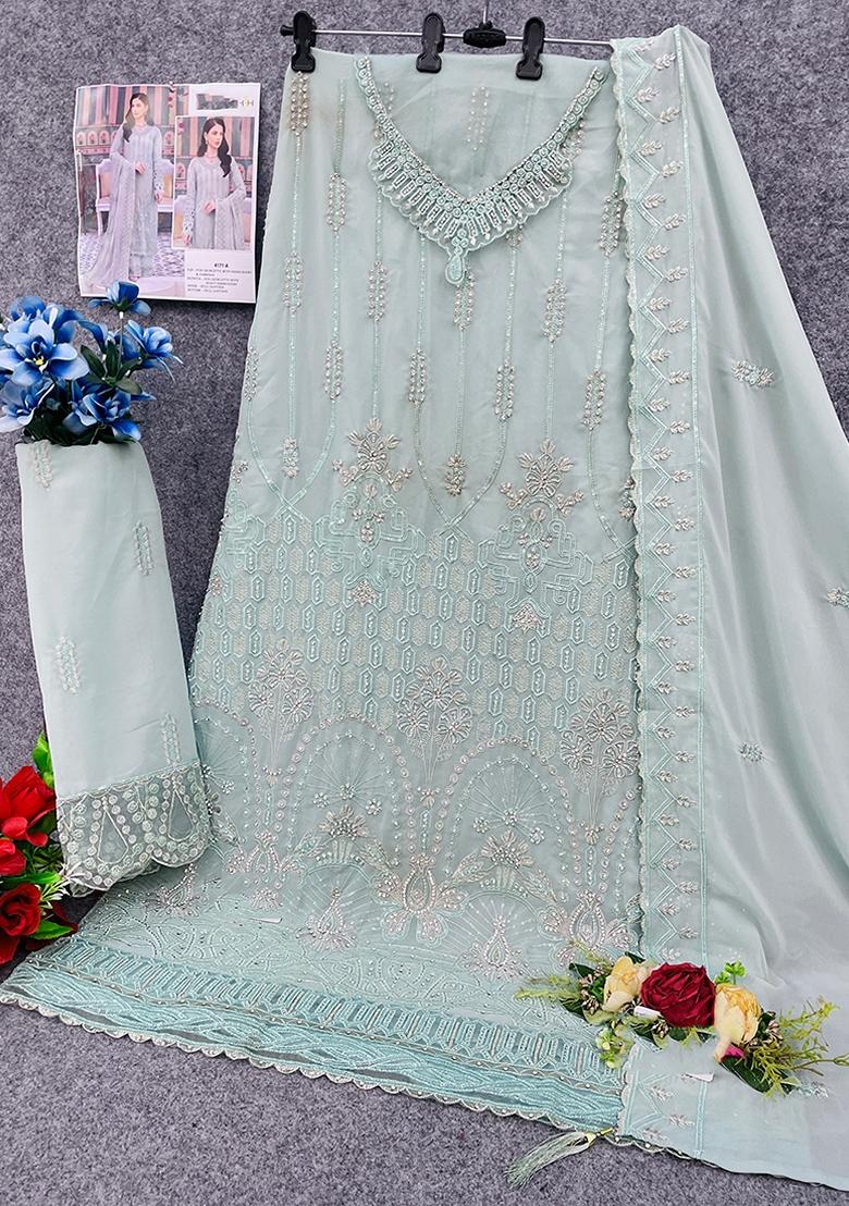 Sky Blue Embroidered Georgette Pakastani Palazzo Set With Dupatta