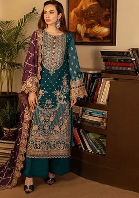 Teal Blue Embroidered Georgette Pakastani Salwar Kameez With Dupatta