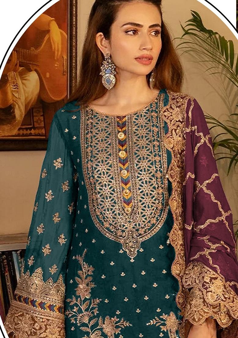 Teal Blue Embroidered Georgette Pakastani Salwar Kameez With Dupatta