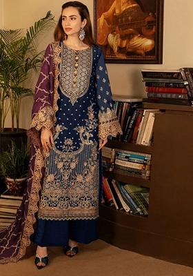 Navy Blue Embroidered Georgette Pakastani Salwar Kameez With Dupatta
