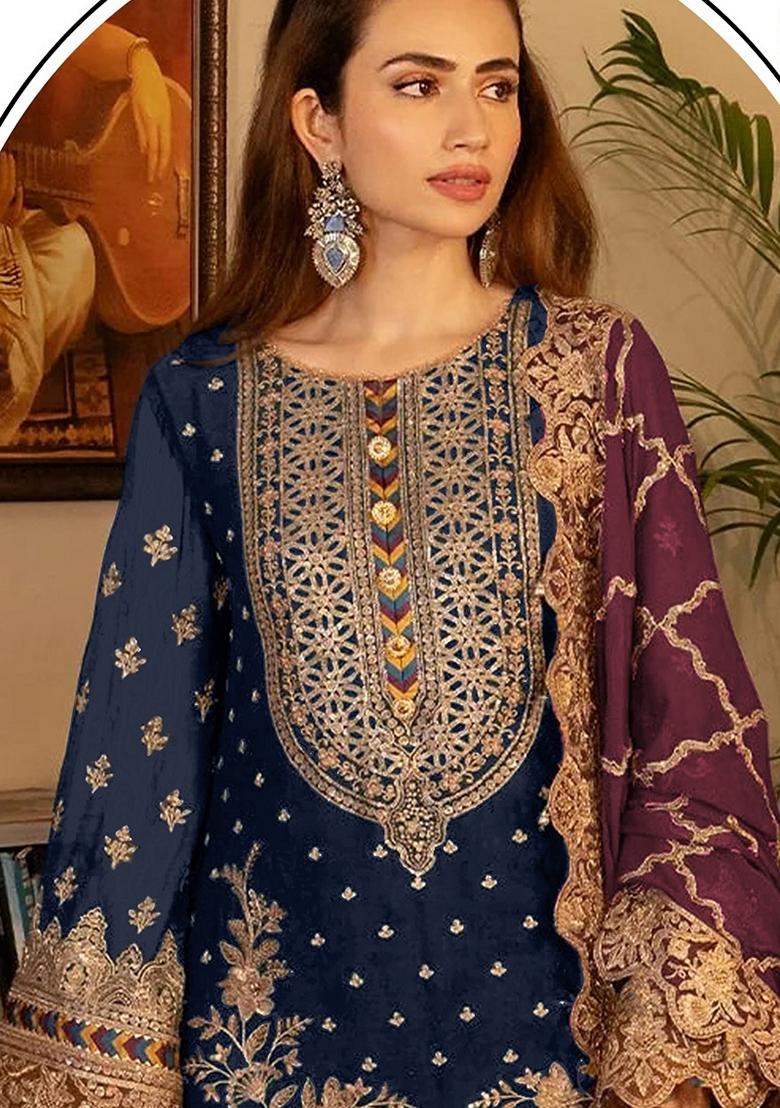 Navy Blue Embroidered Georgette Pakastani Salwar Kameez With Dupatta