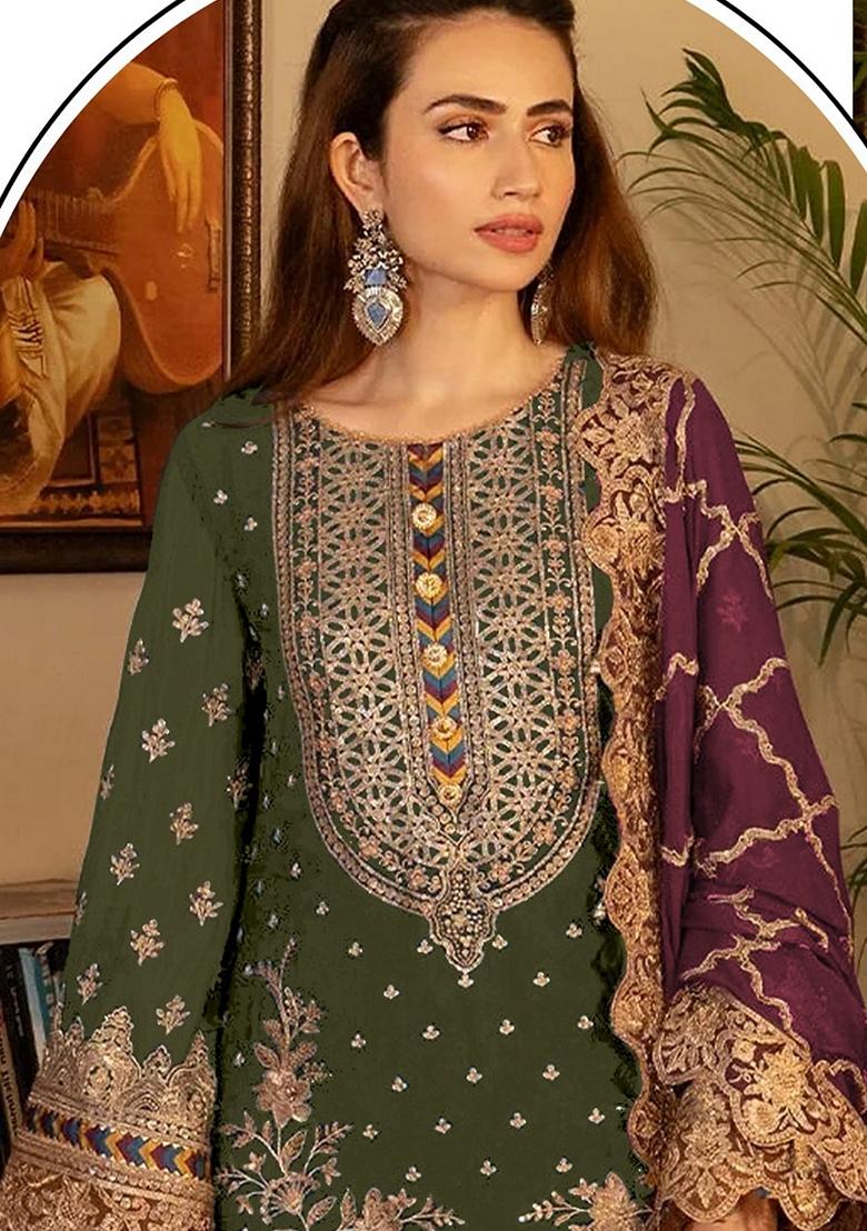 Mehendi Green Embroidered Georgette Pakastani Salwar Kameez With Dupatta
