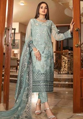 Light Sea Green Embroidered Organza Silk Pakastani Salwar Kameez With Dupatta