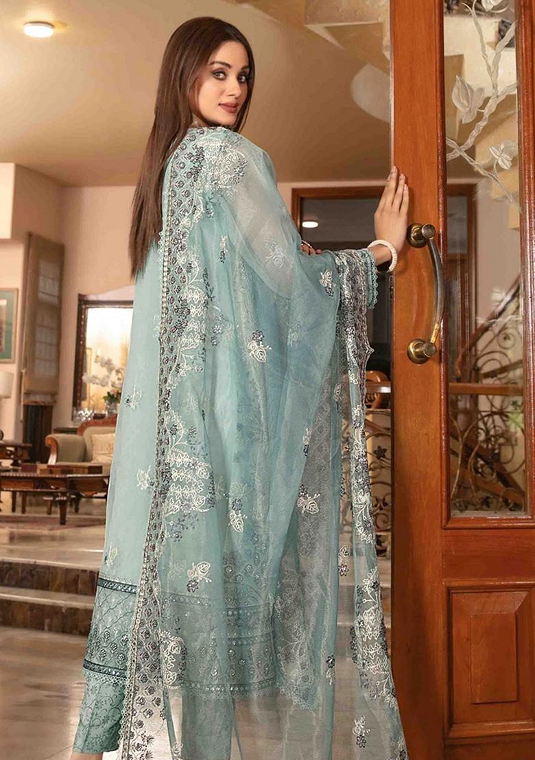 Light Sea Green Embroidered Organza Silk Pakastani Salwar Kameez With Dupatta