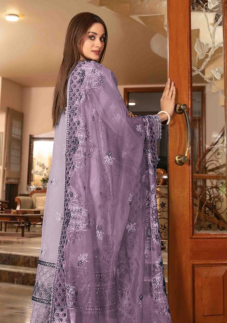 Light Purple Embroidered Organza Silk Pakastani Salwar Kameez With Dupatta