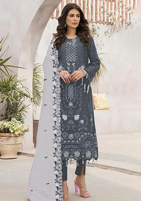 Dark Grey Embroidered Georgette Pakastani Salwar Kameez With Dupatta