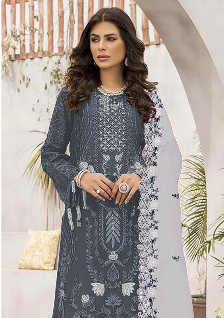Dark Grey Embroidered Georgette Pakastani Salwar Kameez With Dupatta