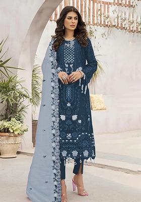 Dark Teal Blue Embroidered Georgette Pakastani Salwar Kameez With Dupatta