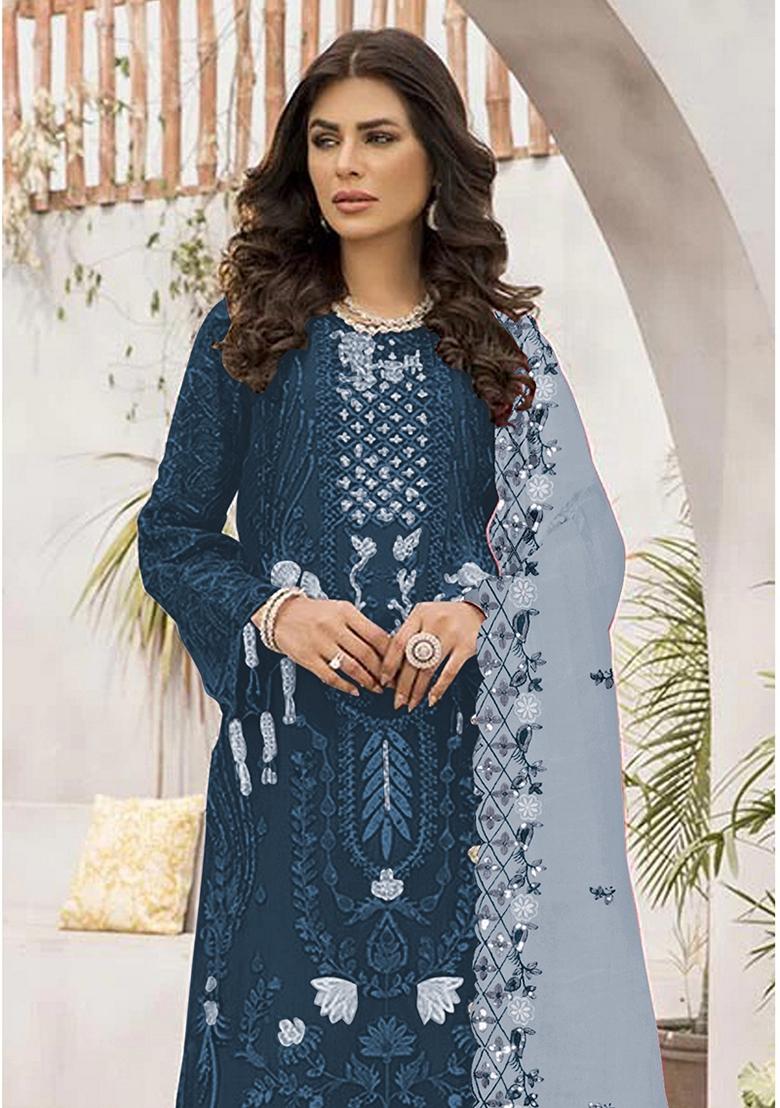 Dark Teal Blue Embroidered Georgette Pakastani Salwar Kameez With Dupatta