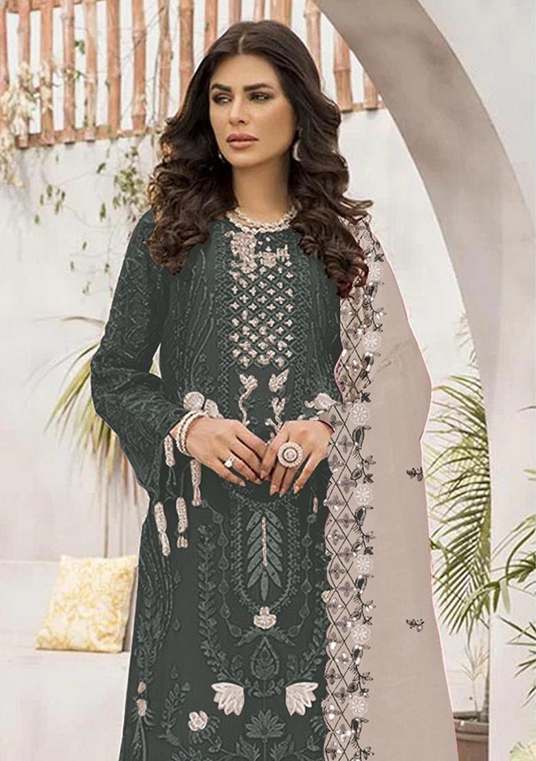 Grey Embroidered Georgette Pakastani Salwar Kameez With Dupatta