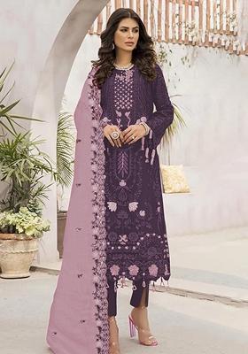 Wine Embroidered Georgette Pakastani Salwar Kameez With Dupatta