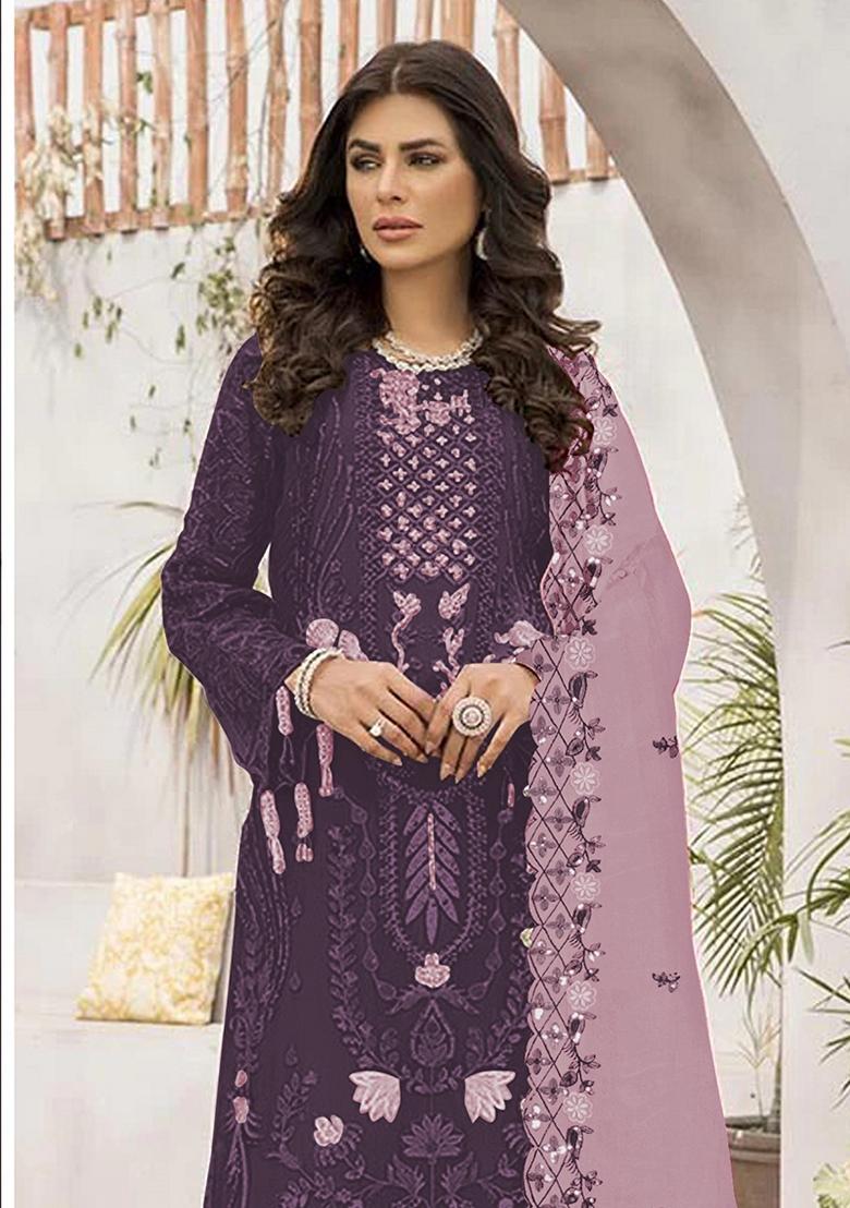 Wine Embroidered Georgette Pakastani Salwar Kameez With Dupatta