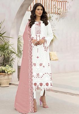 White Embroidered Georgette Pakastani Salwar Kameez With Dupatta