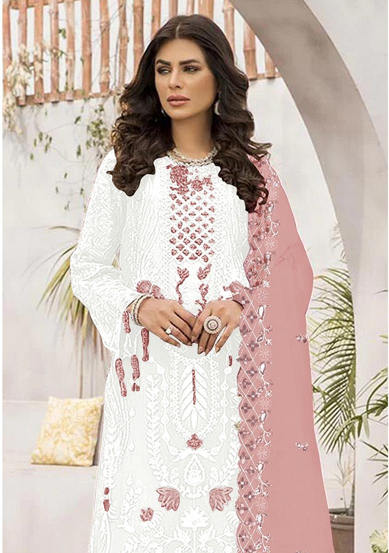 White Embroidered Georgette Pakastani Salwar Kameez With Dupatta