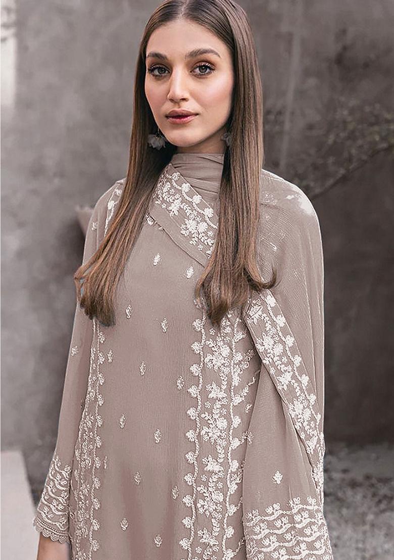 Beige Embroidered Georgette Pakastani Salwar Kameez With Dupatta