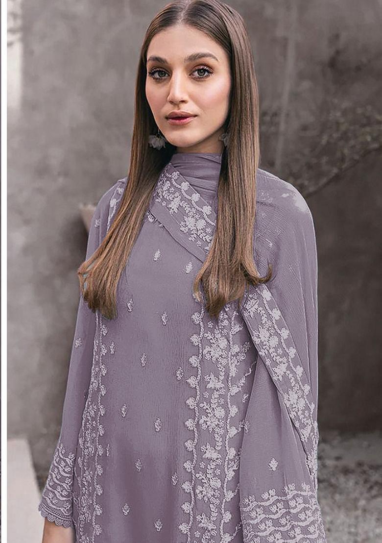 Dusty Mauve Embroidered Georgette Pakastani Salwar Kameez With Dupatta