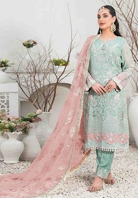 Turquoise Blue Embroidered Organza Silk Pakastani Salwar Kameez With Dupatta