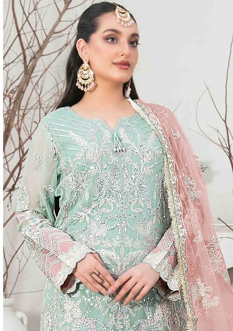 Turquoise Blue Embroidered Organza Silk Pakastani Salwar Kameez With Dupatta