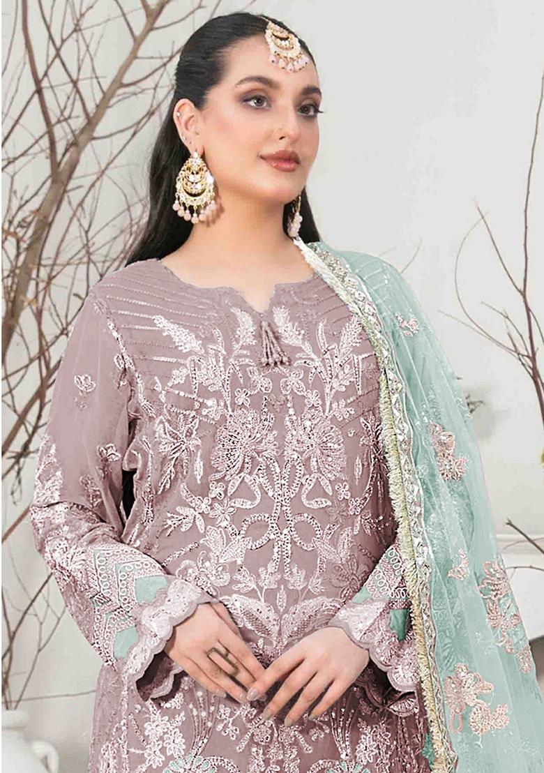 Dusty Rose Pink Embroidered Organza Silk Pakastani Salwar Kameez With Dupatta