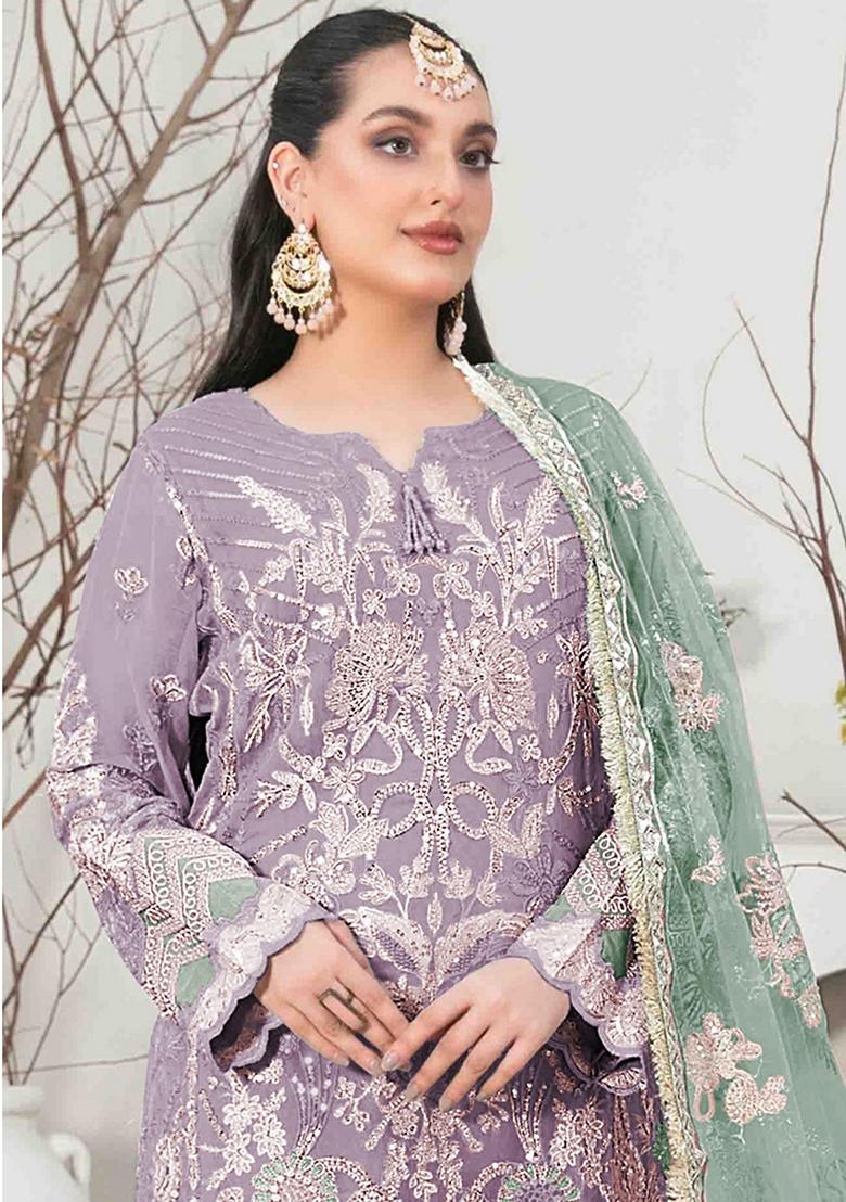Light Purple Embroidered Organza Silk Pakastani Salwar Kameez With Dupatta