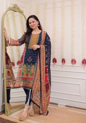 Navy Blue Embroidered Chinon Salwar Kameez With Dupatta