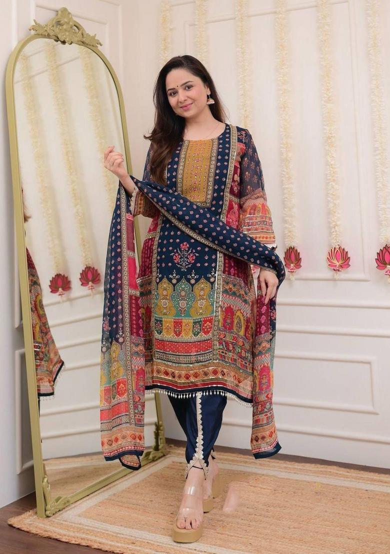 Navy Blue Embroidered Chinon Salwar Kameez With Dupatta