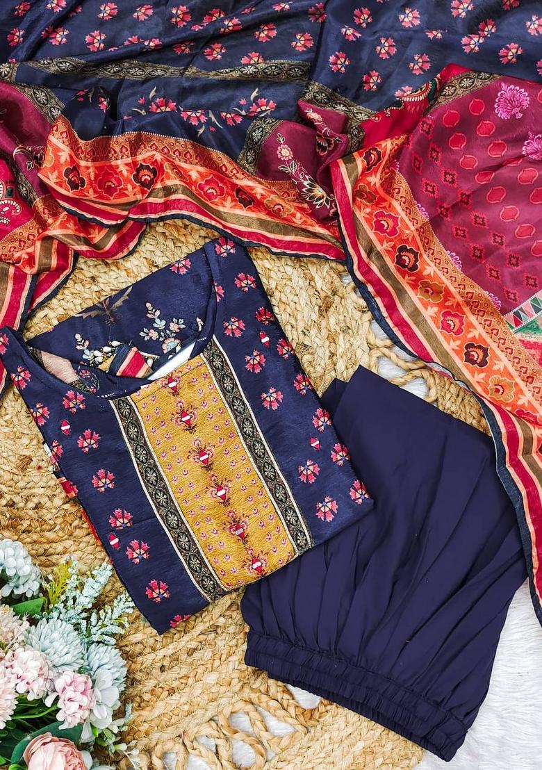 Navy Blue Embroidered Chinon Salwar Kameez With Dupatta