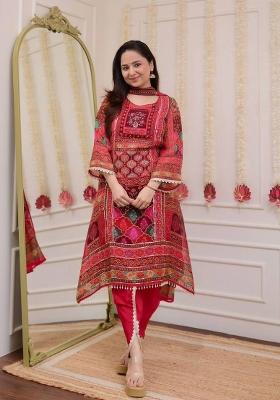 Red Embroidered Chinon Salwar Kameez With Dupatta