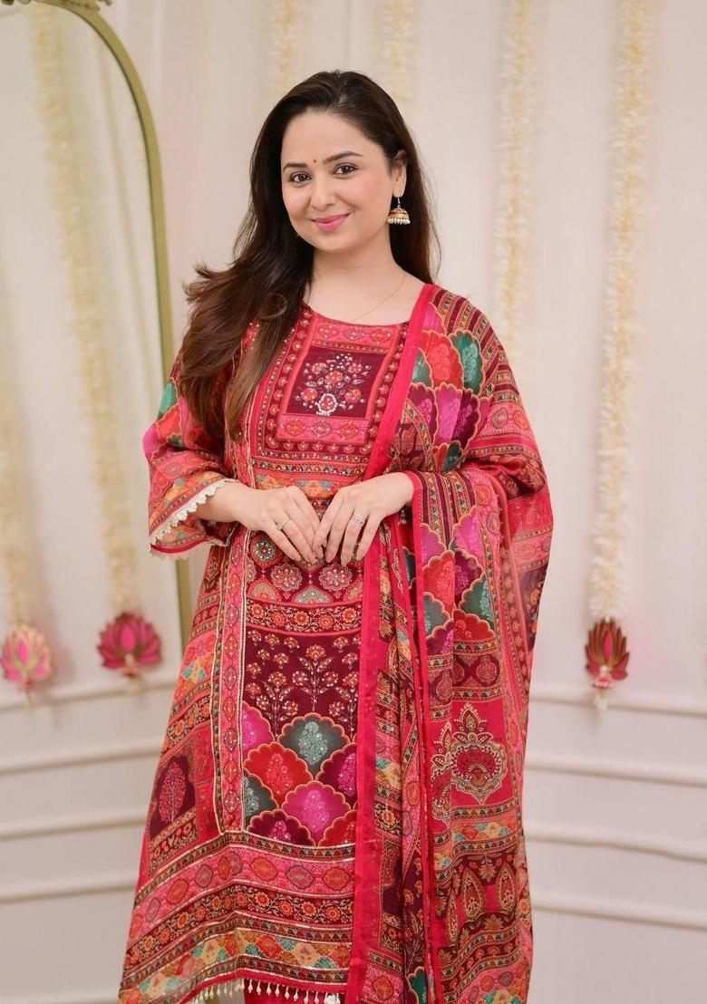 Red Embroidered Chinon Salwar Kameez With Dupatta