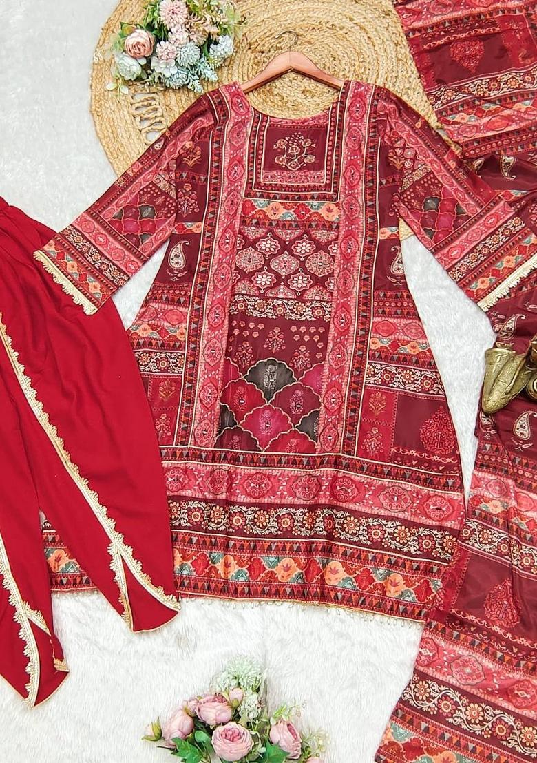 Red Embroidered Chinon Salwar Kameez With Dupatta