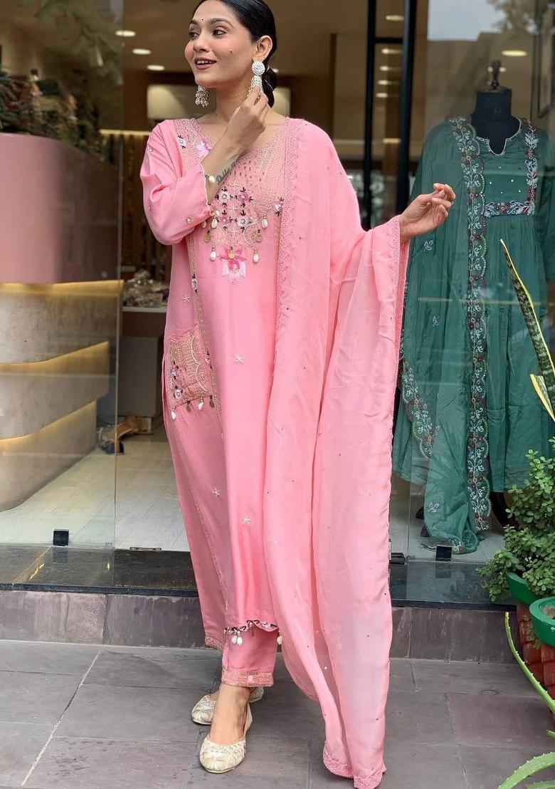 Pink Sequin Work Silk Salwar Kameez With Dupatta