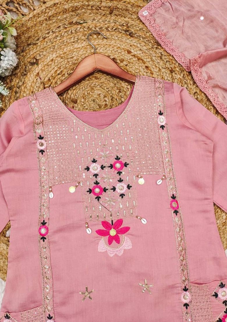 Pink Sequin Work Silk Salwar Kameez With Dupatta