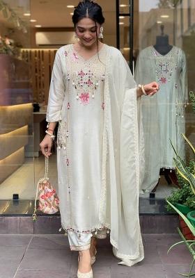 White Sequin Work Silk Salwar Kameez With Dupatta