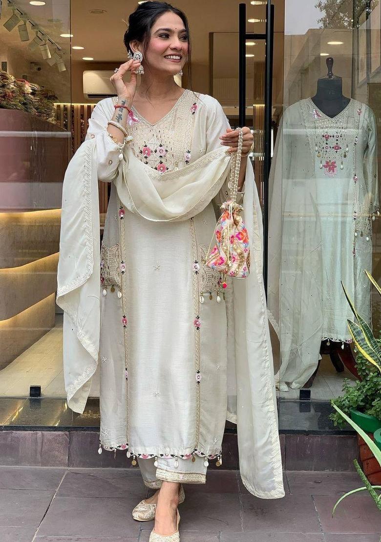 White Sequin Work Silk Salwar Kameez With Dupatta