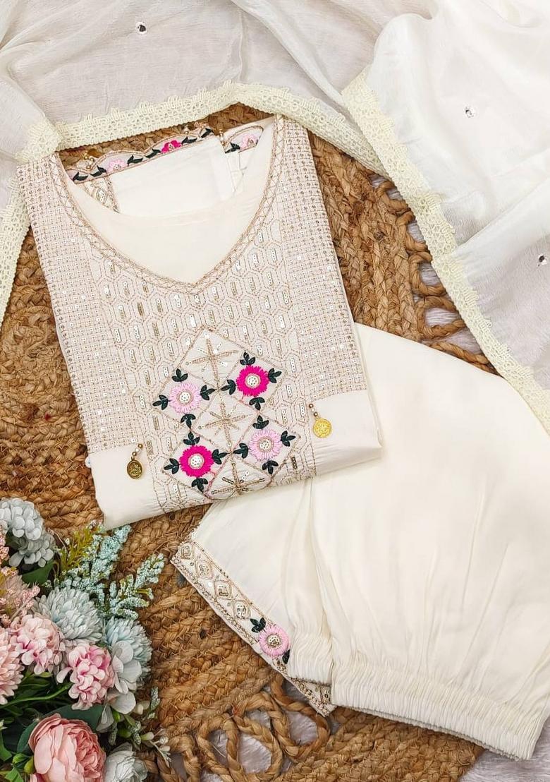 White Sequin Work Silk Salwar Kameez With Dupatta