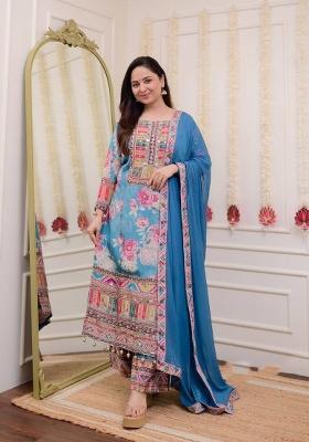 Sky Blue Stone Work Satin Salwar Kameez With Dupatta