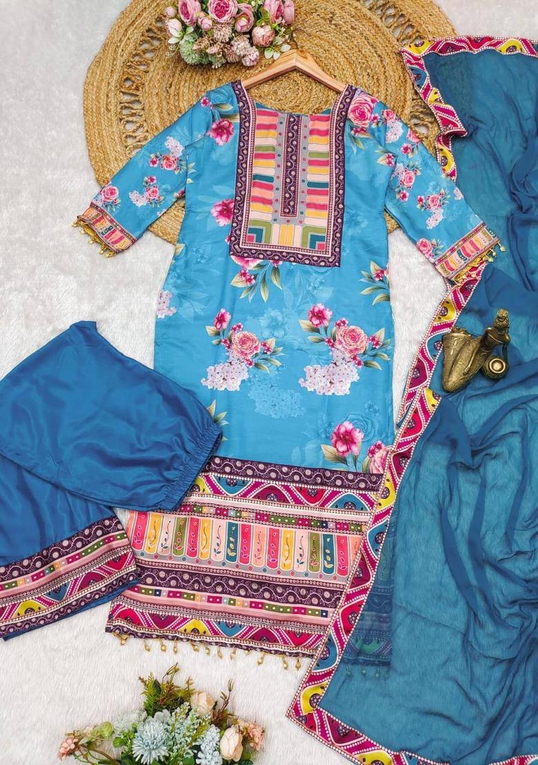 Sky Blue Stone Work Satin Salwar Kameez With Dupatta