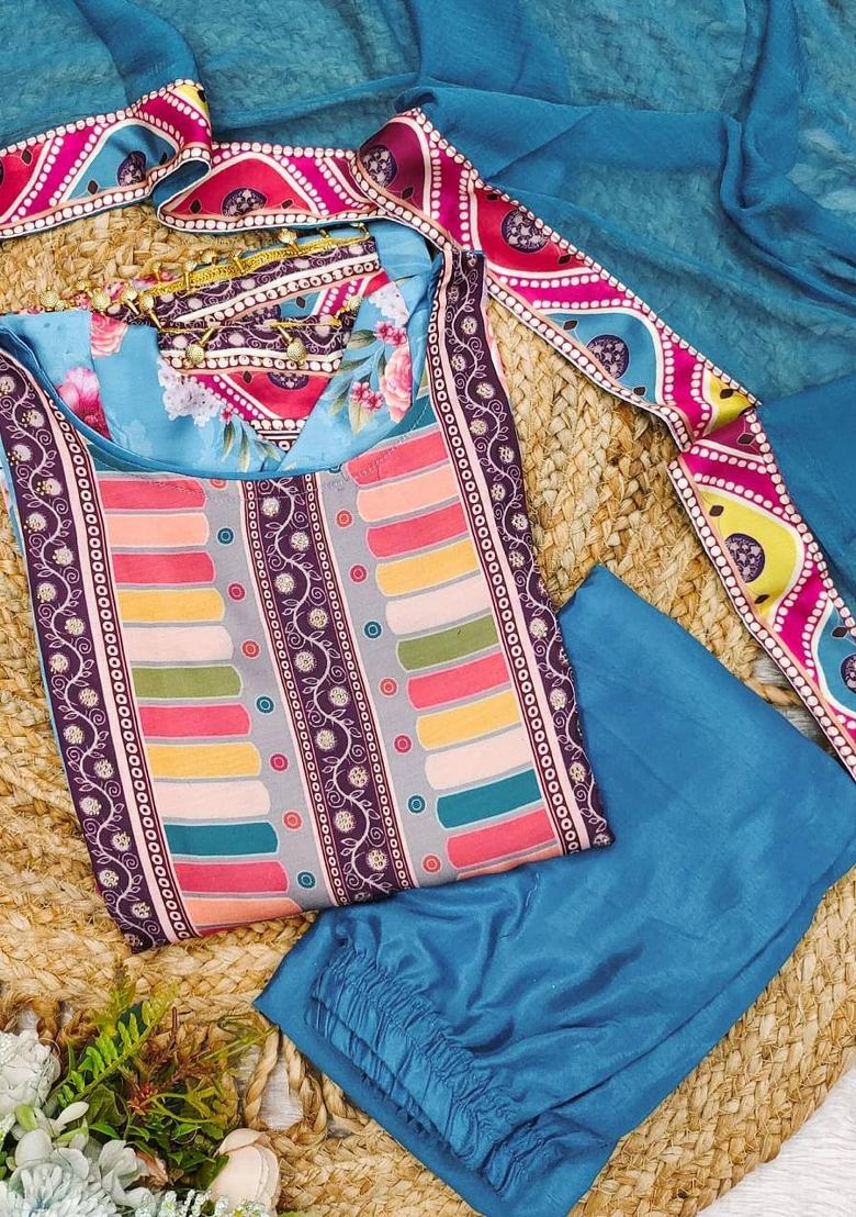 Sky Blue Stone Work Satin Salwar Kameez With Dupatta