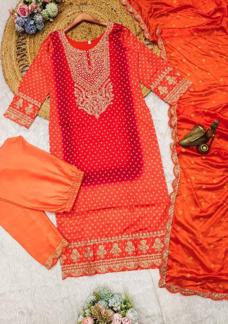Orange Printed Chinon Salwar Kameez With Dupatta