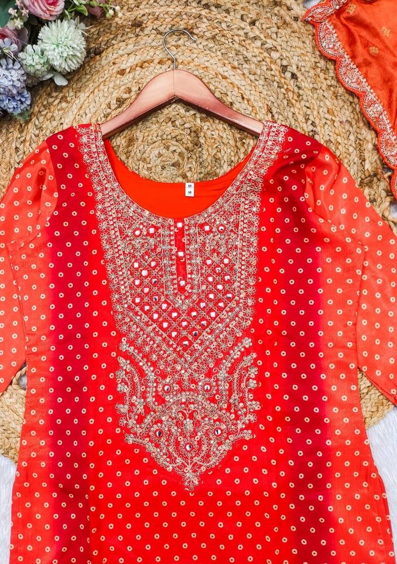 Orange Printed Chinon Salwar Kameez With Dupatta