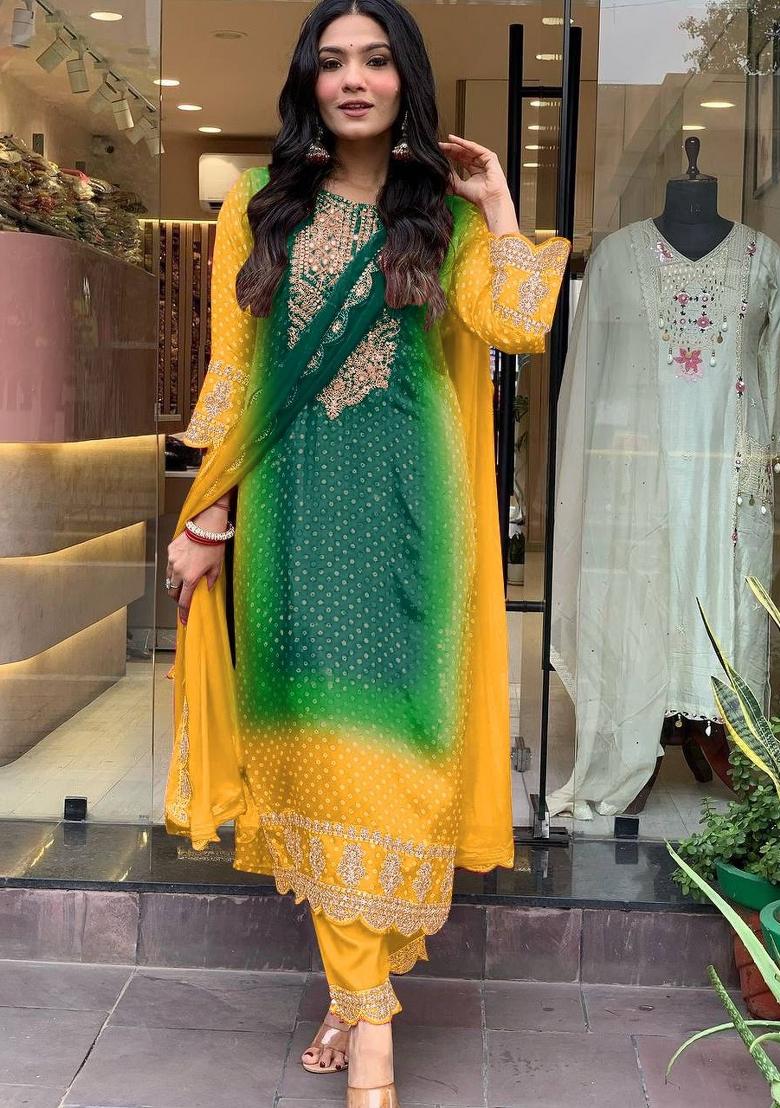 Green Printed Chinon Salwar Kameez With Dupatta